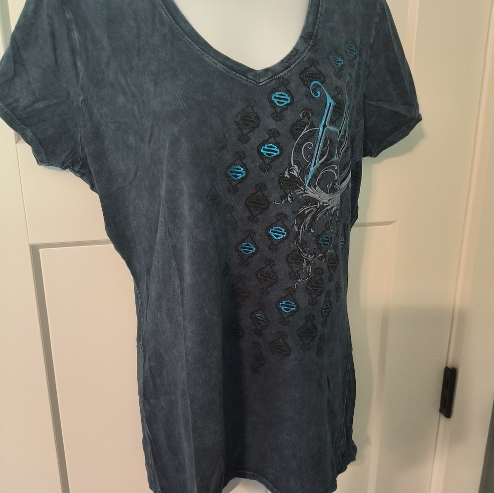 Ladies Harley-Davidson Charcoal V-Neck Tee with Blue Accents